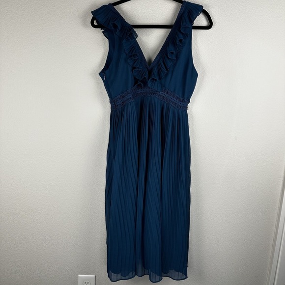 Anthropologie PS Petite Small Pleated Isere Ruffled Blue V-Neck Dress Lucy Paris - Picture 4 of 5